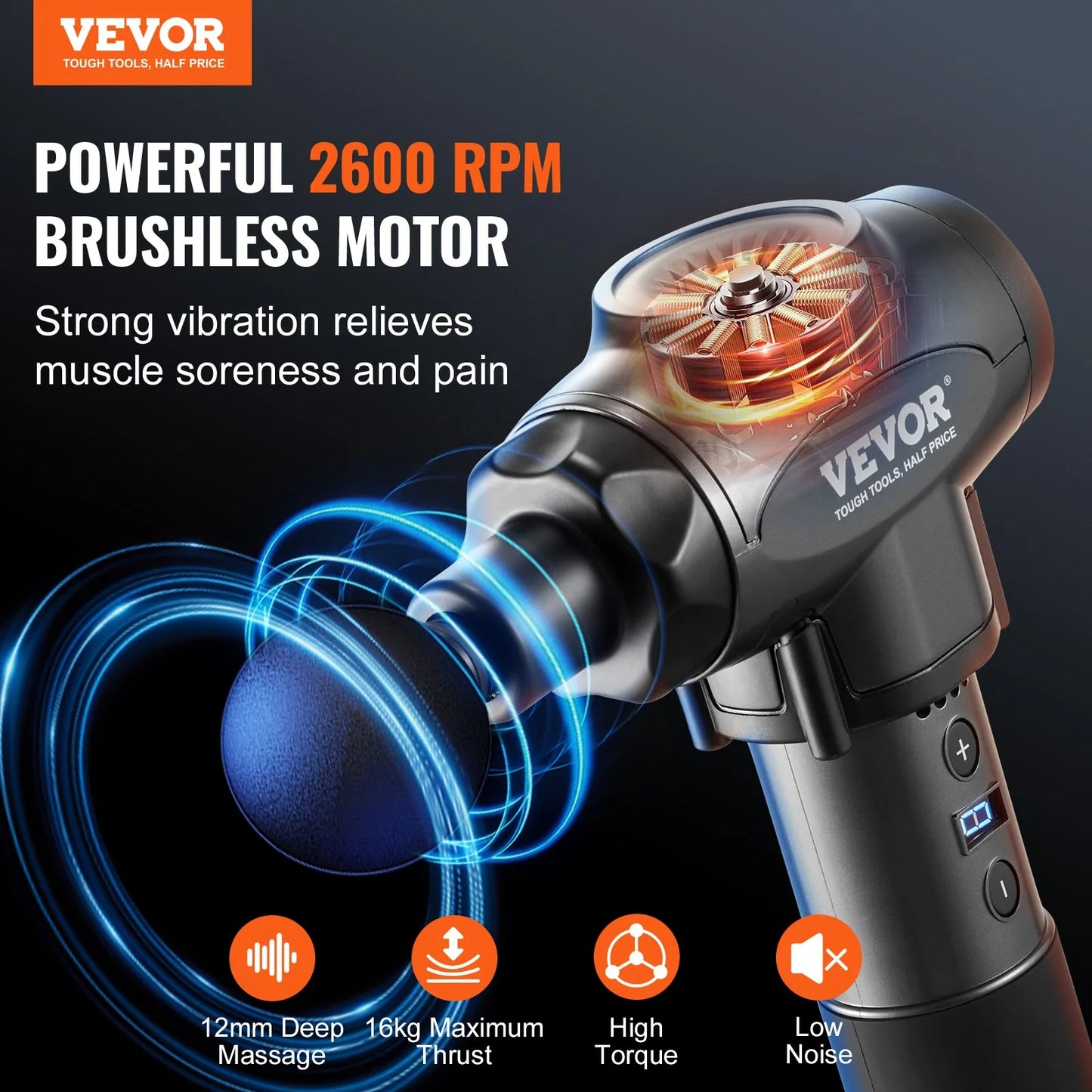 VEVOR Massage Gun Deep Tissue with 9 Speed Levels & 6 Massage Heads, 24V 2500Mah Batteries, Percussion Muscle Massager for Athletes, Handheld Electric Massage Gun for Pain Relief, Muscle Relaxation